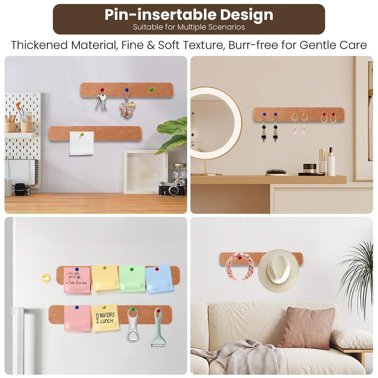 8-PCS 13"×2" Felt Bulletin Board Strips with Thumbtacks, Self-Adhesive Felt Strips, Suitable for Office, Classroom, and Home Decoration, Can Be Used to Stick Notes, Photos, and Memos(Brown)