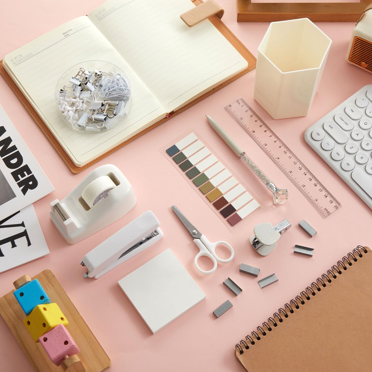 Marspark 12 Pcs Beige Office Supplies Desk Accessories Set Pen Holder Tape Dispenser Stapler Staple Remover Staples Tape Ruler Scissor Pen Sticky Note Index Tab Clips Set for School Office Home