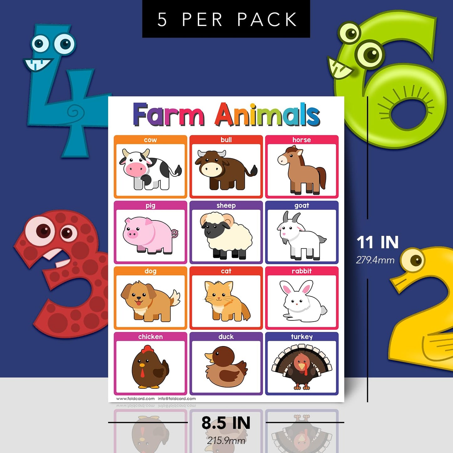 Educational Charts for Preschool to Grade 1 – Bright and Colorful Educational Visual / Learning Aid Wall Art Posters for Classroom | Glossy Durable Cardstock | 8.5" x 11" | 5 per Pack (Farm Animals)