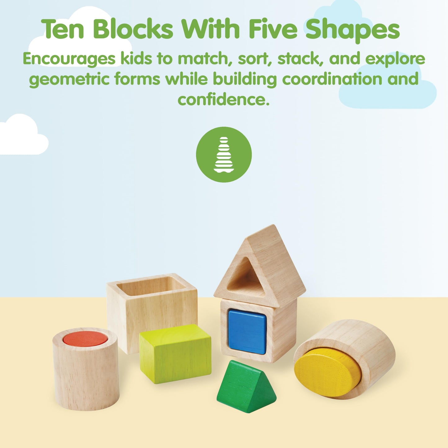 PlanToys® Geo Matching Blocks Wooden Shape Sorting Toy for Kids Ages 2+ | Montessori Activity for Colour Learning, Spatial Reasoning & Fine Motor Skills | Eco-Friendly Educational Toy