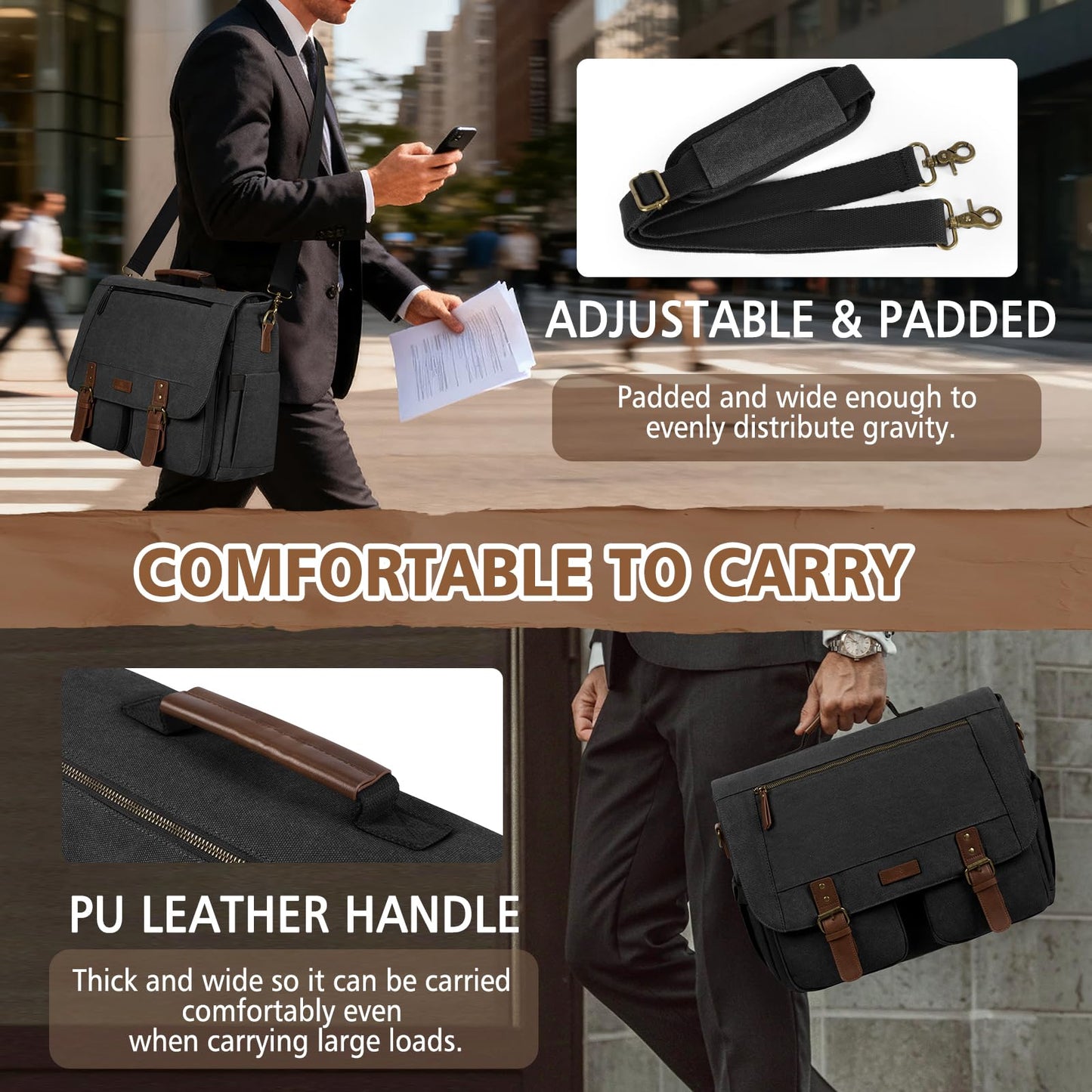 RAINSMORE Messenger Bag for Men, 15.6-17.3 inch Laptop Bag for Work College