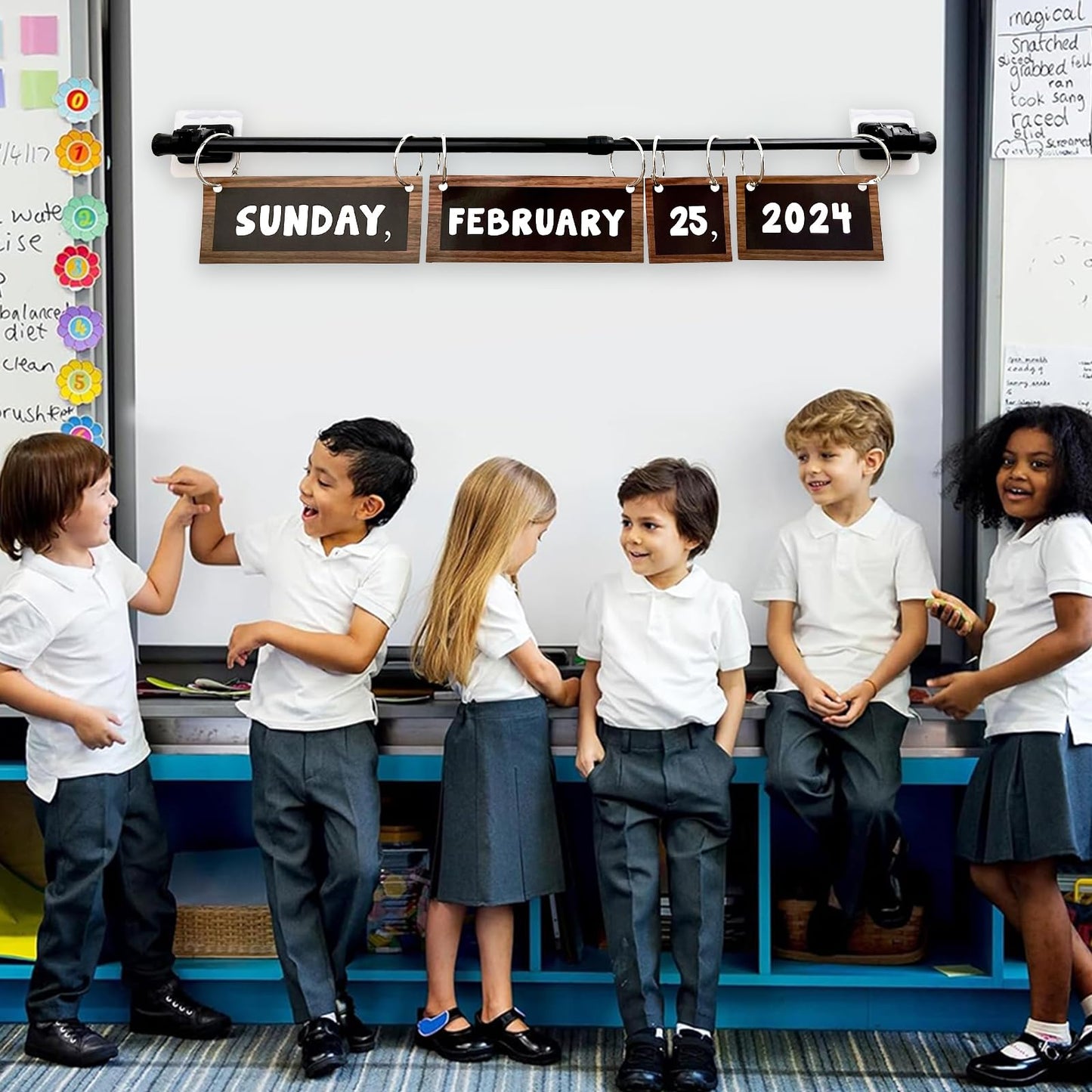 Flip Calendar Bulletin Board Set Classroom Decorations for Whiteboard with Adjustable Flip Calendar Rod Holder Date Cards Days of The Week for Classroom School Supplies(Rustic)