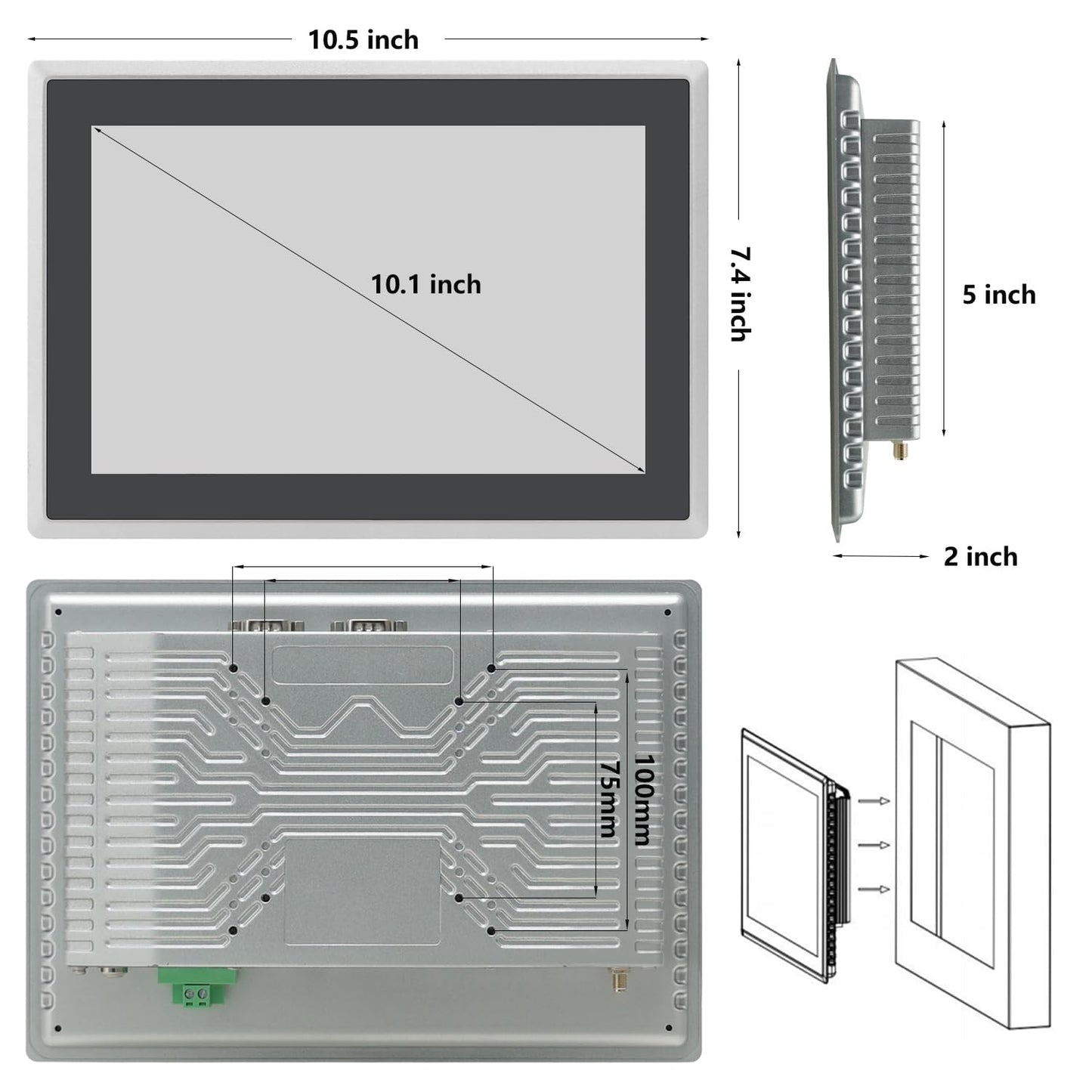 TouchWo 10.1 inch Industrial Embedded Touchscreen Monitor, Capacitive Multi-Touch Screen Industrial Front IP65 Monitor Built-in Speakers, HD-MI in, USB, VGA, 16:9 1280x800 Display