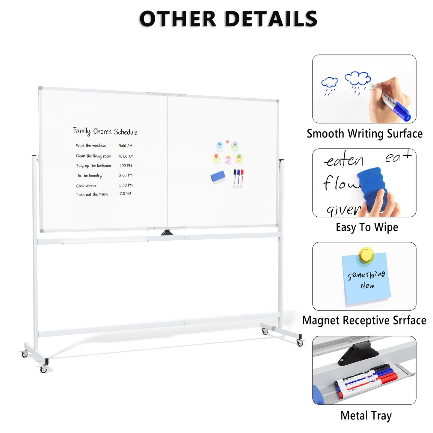 Large Rolling Whiteboard on Wheels, 72" x 36" Double-Sided Mobile White Board with Stand, 6' x 3' Portable Standing Magnetic Dry Erase Board Easel for Home Office Classroom School, Silver
