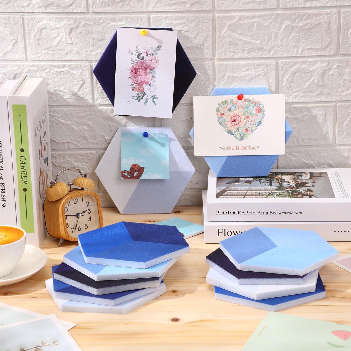 Tegeme Blue 16 Pcs 6.7 x 5.9 Inches Hexagon Felt Cork Board Tiles for Walls Back to School Self Adhesive DIY Hexagon Wall Panels Notice Bulletin Board for Office Home Stickers Photos Display