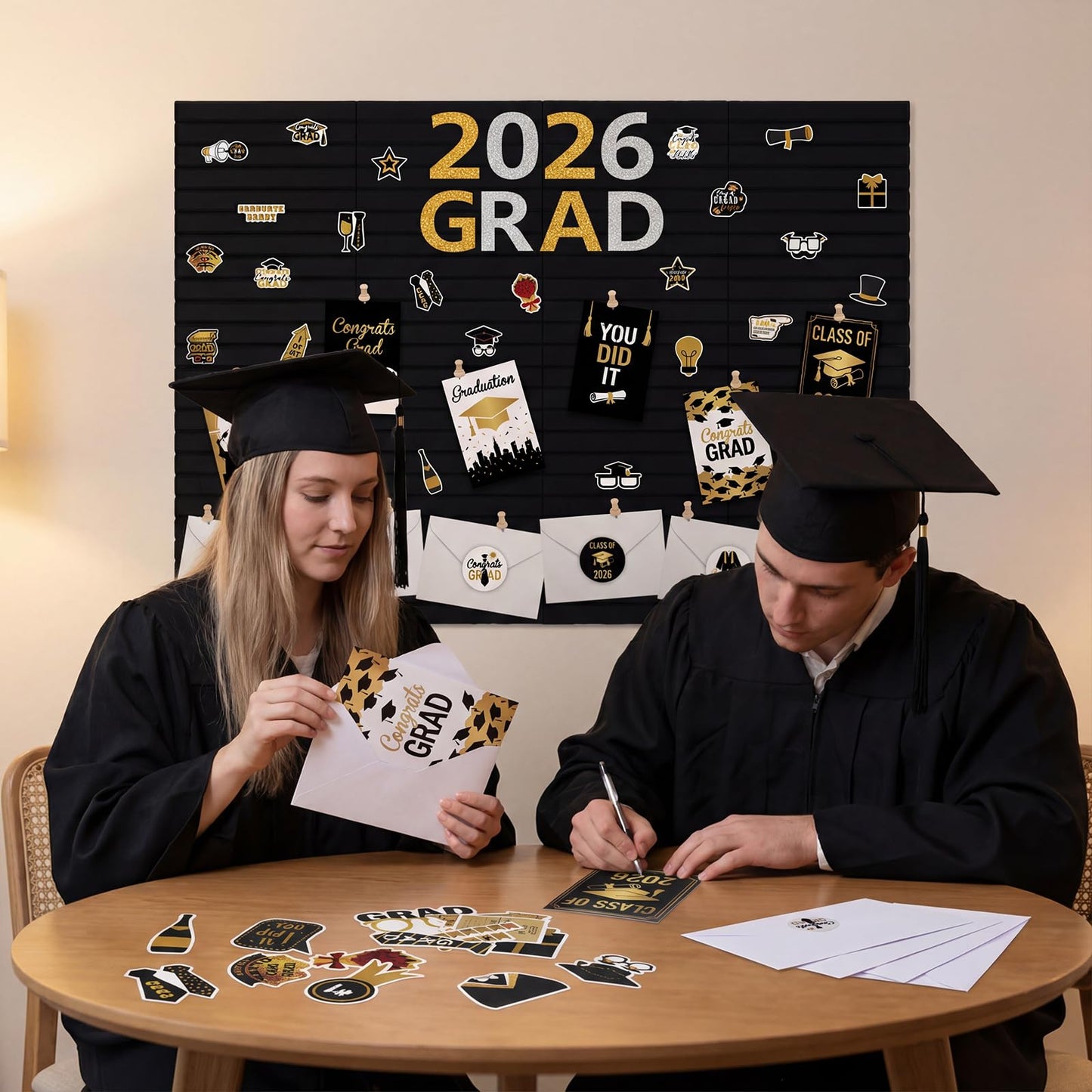 Nuanchu Graduation Bulletin Boards Decorations Set, DIY Poster Photo Board Kit with Black Felt Panels, 2026 Graduation Cards & Envelopes, Sticker Set, Push Pins, Cardstock Decor for Party Classroom