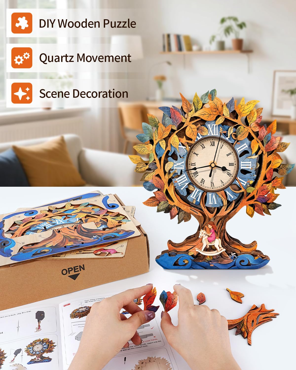 Rnfinewow 3D Puzzles for Adults, Tree of Life Clock Wooden Puzzles Room Home Decor, DIY Wall Pendulum Clock for Craft Enthusiast Hobbies Birthday Christmas Day Gifts