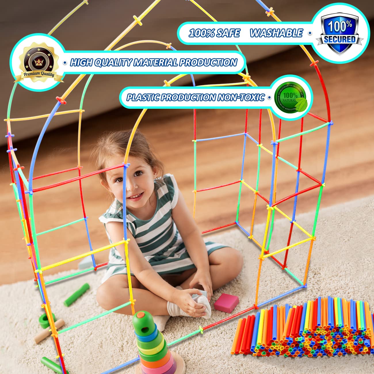Ggiibro Straw Constructor Toys 600Pcs STEM Building Toy Interlocking Plastic Engineering Thin Tube Blocks Educational Kit for 3 4 5 6 7years Kids Boys and Girls Gift Preschool Toy with Storage Box