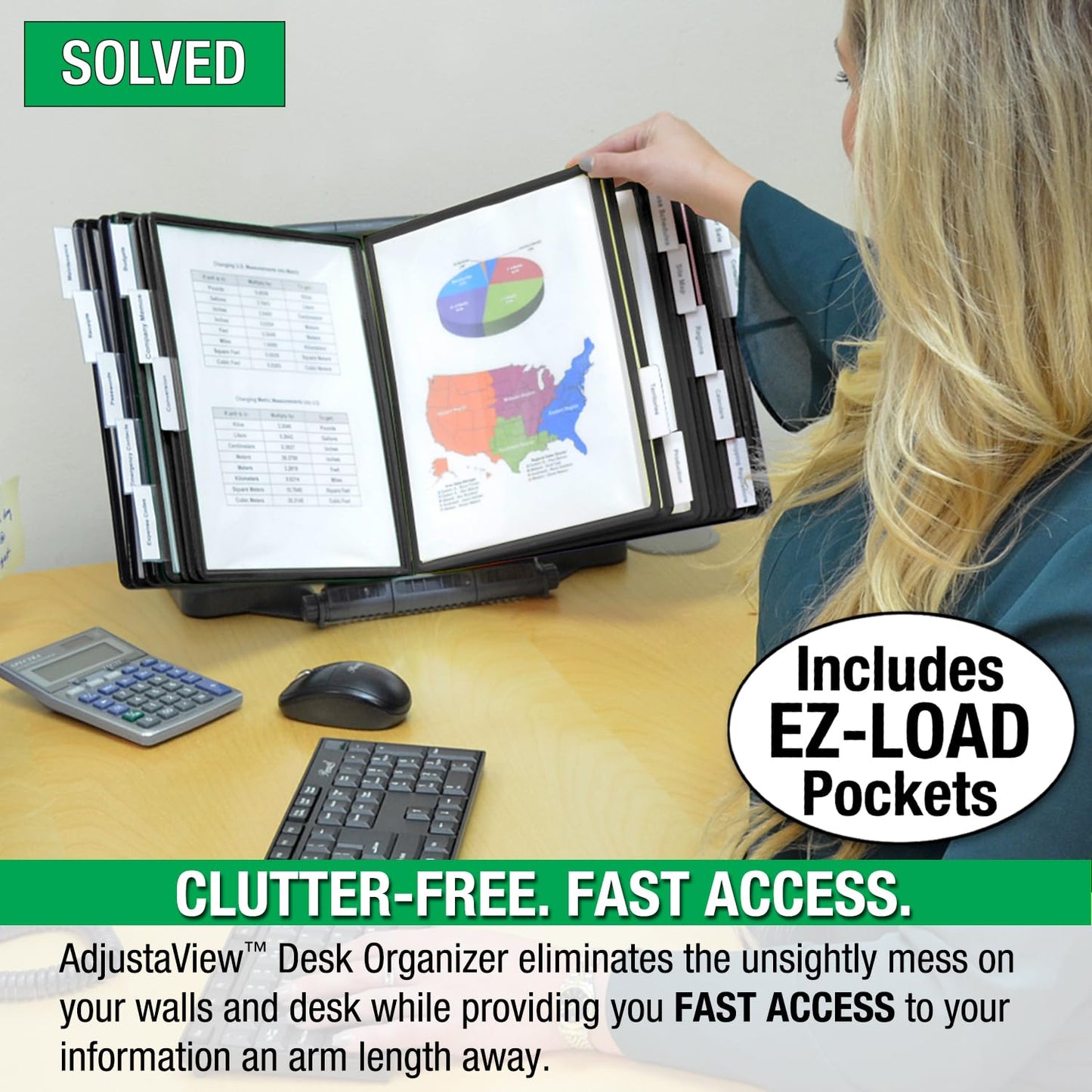 Ultimate Office AdjustaView 20-Pocket Desk Reference Organizer with Easy-Load Pockets and Compact Weighted Base for Stability, Black Pockets