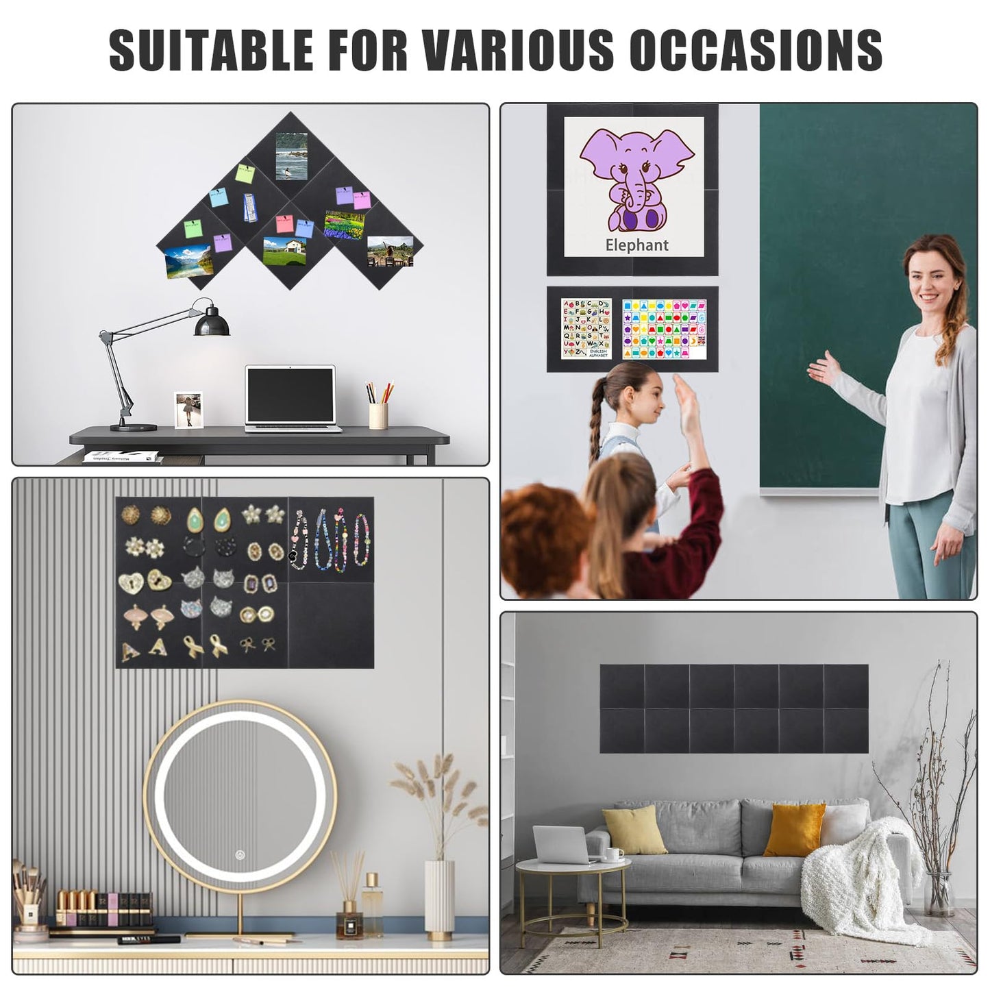 Large Cork Board Alternative 36" X 24" Bulletin Board - 6 Pack Removable Felt Wall Tiles with 15 pushpins, Large Cork Boards for Walls Cork Board for Office Pin Board Tack Board - Black