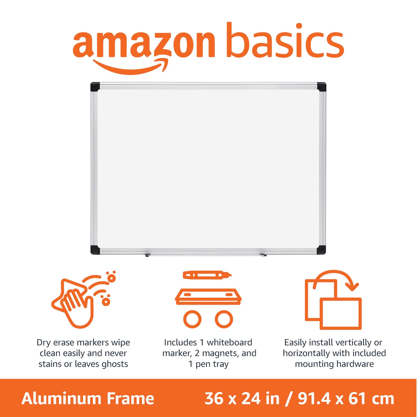 Amazon Basics Magnetic Dry Erase Whiteboard, 36"W x 24"H, Aluminum Frame, Silver/White, Easy to Install and Clean