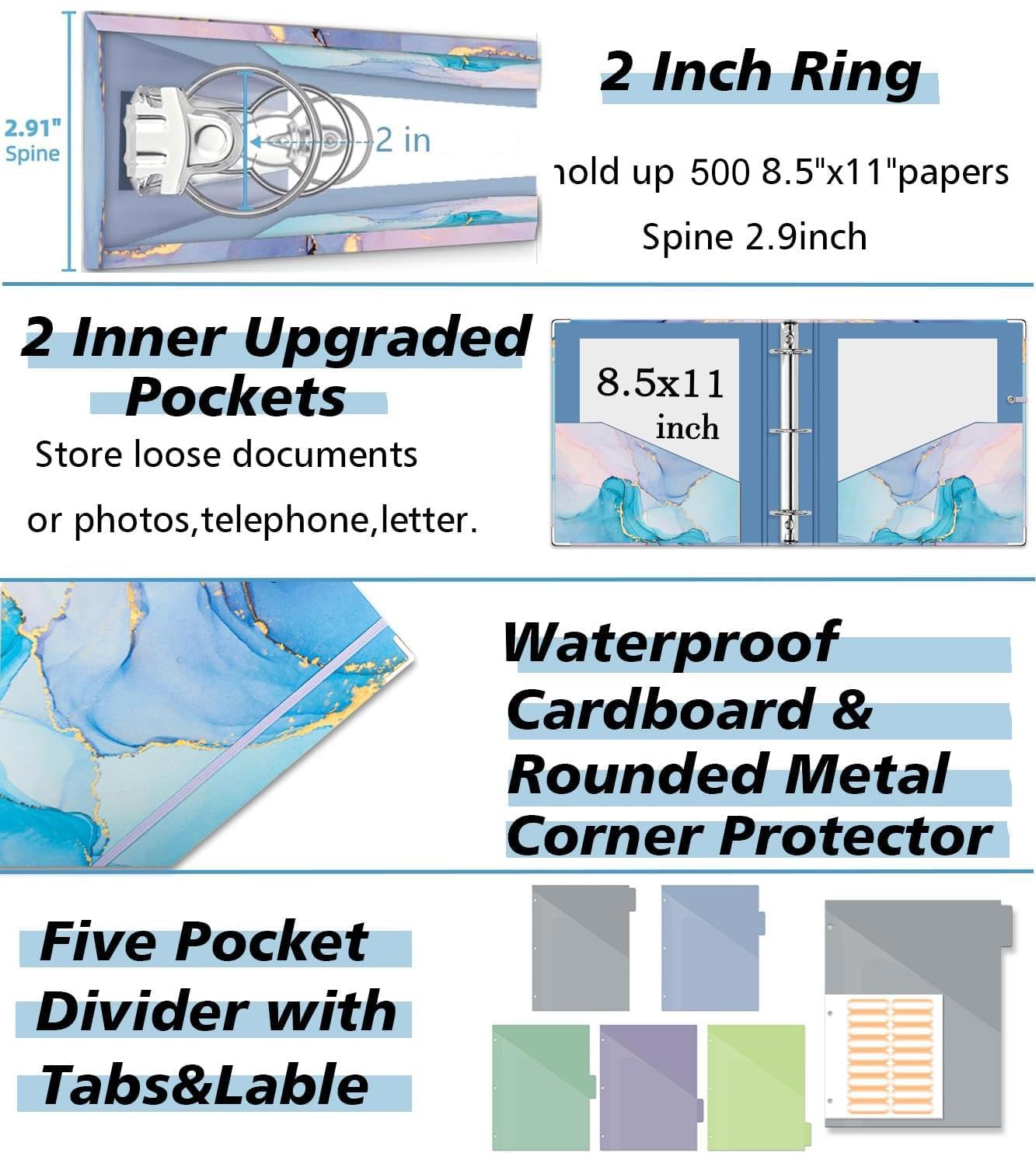 2 Inch 3 Ring Binder Organizer with Clipboard, 5-Tabs Pockets Dividers, Plastic Folder, 18 Divider Stikers, KLLVE Three Ring Binder with Pen Loop (Blue Marble, Letter Size)
