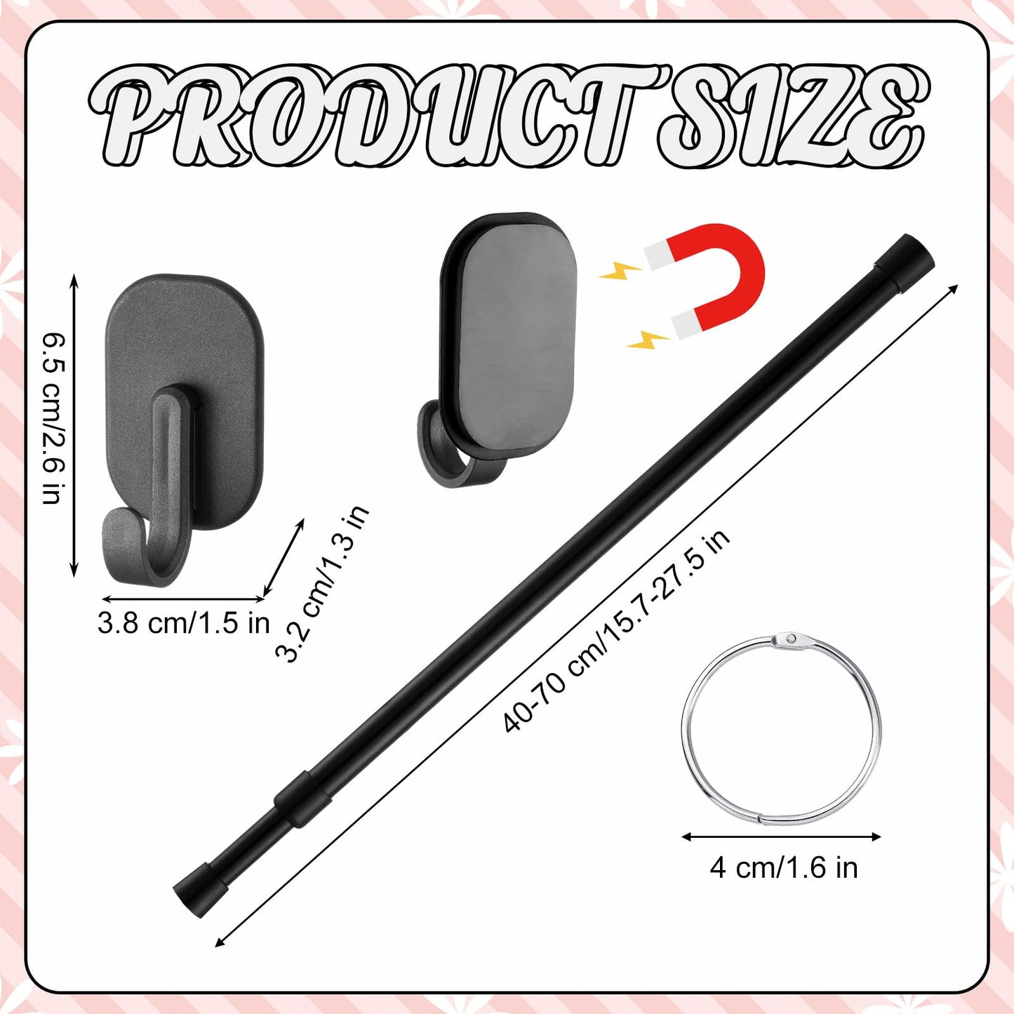 Chumia 16-29 Inches Magnetic Adjustable Calendar Holder Set Anchor Chart Date Cards Holder Flip Calendar Chart Rod for Office Whiteboard Crafts Home Decor Supplies(Square Hook,Black)