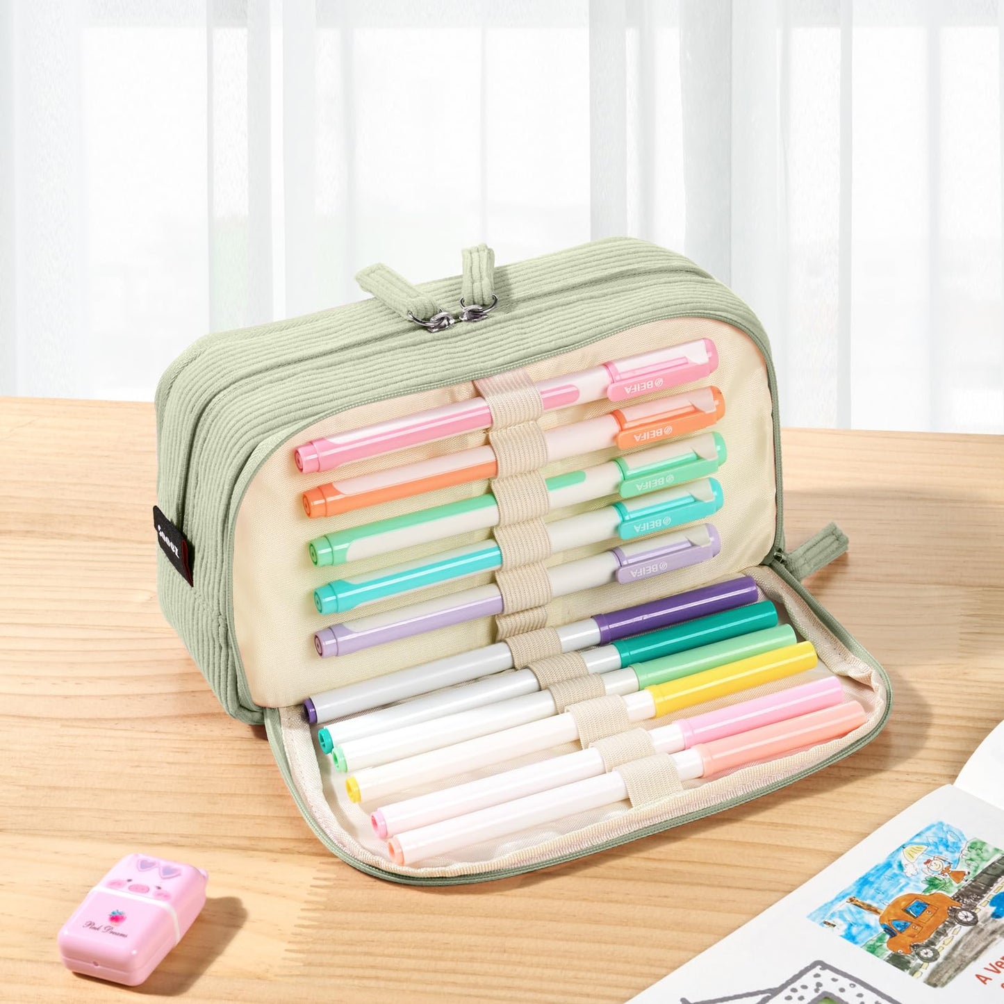 Sooez Big Capacity Pencil Case Pen Pouch, Soft Corduroy Pencil Bag with 3 Compartment, Multiple Pockets, Sturdy Zipper, Cute School Supplies Pen Bag Organizer For Teen Girls College, Green