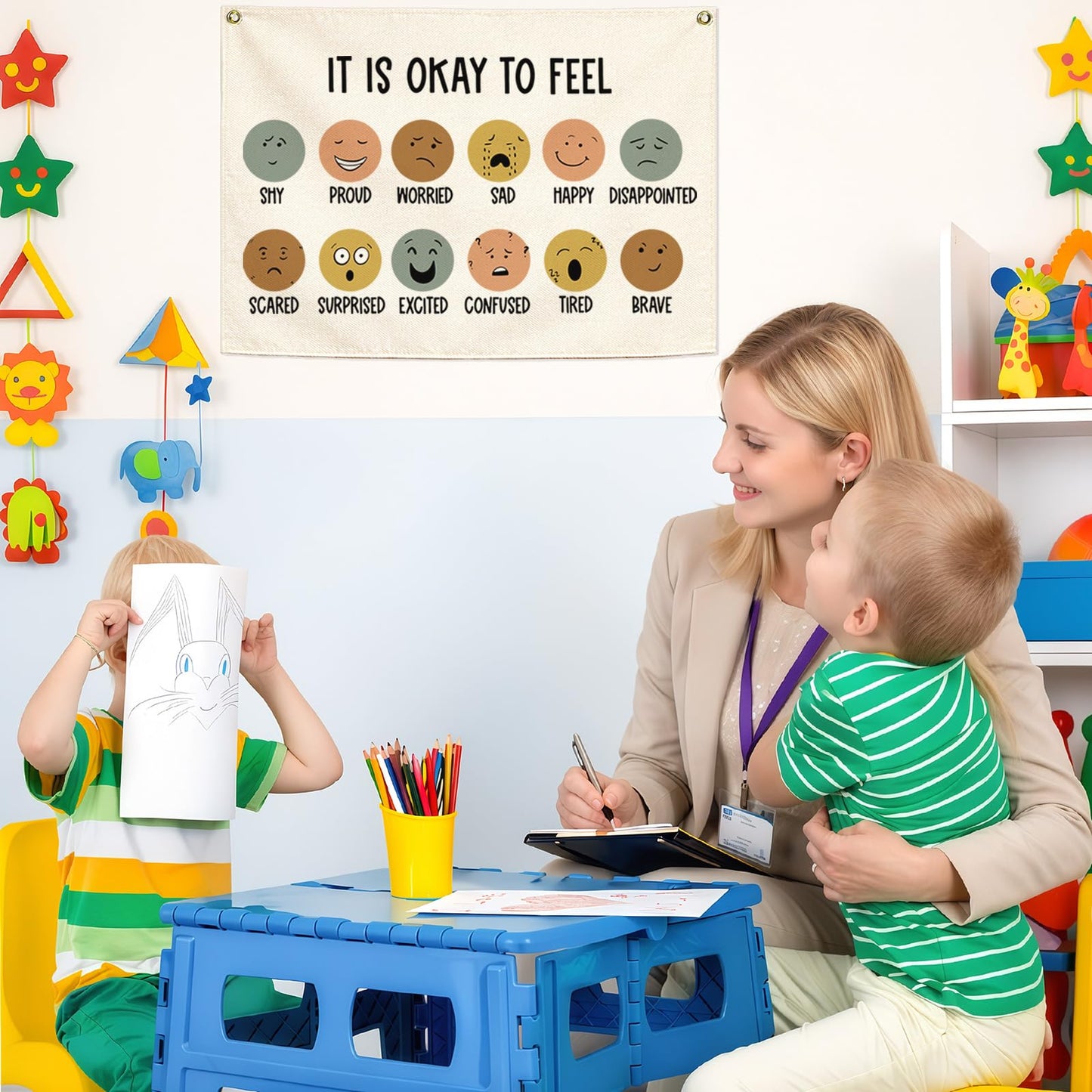Classroom Wall Decor-Teacher Gift-Nursery Decor-Rectangular Banner Flag Wall Decor for Reading Room-Positive Growth Mindset Mental Health Quotes for Baby Kids Girl Boy-It is Okay to Feel-28.5"L×20"W
