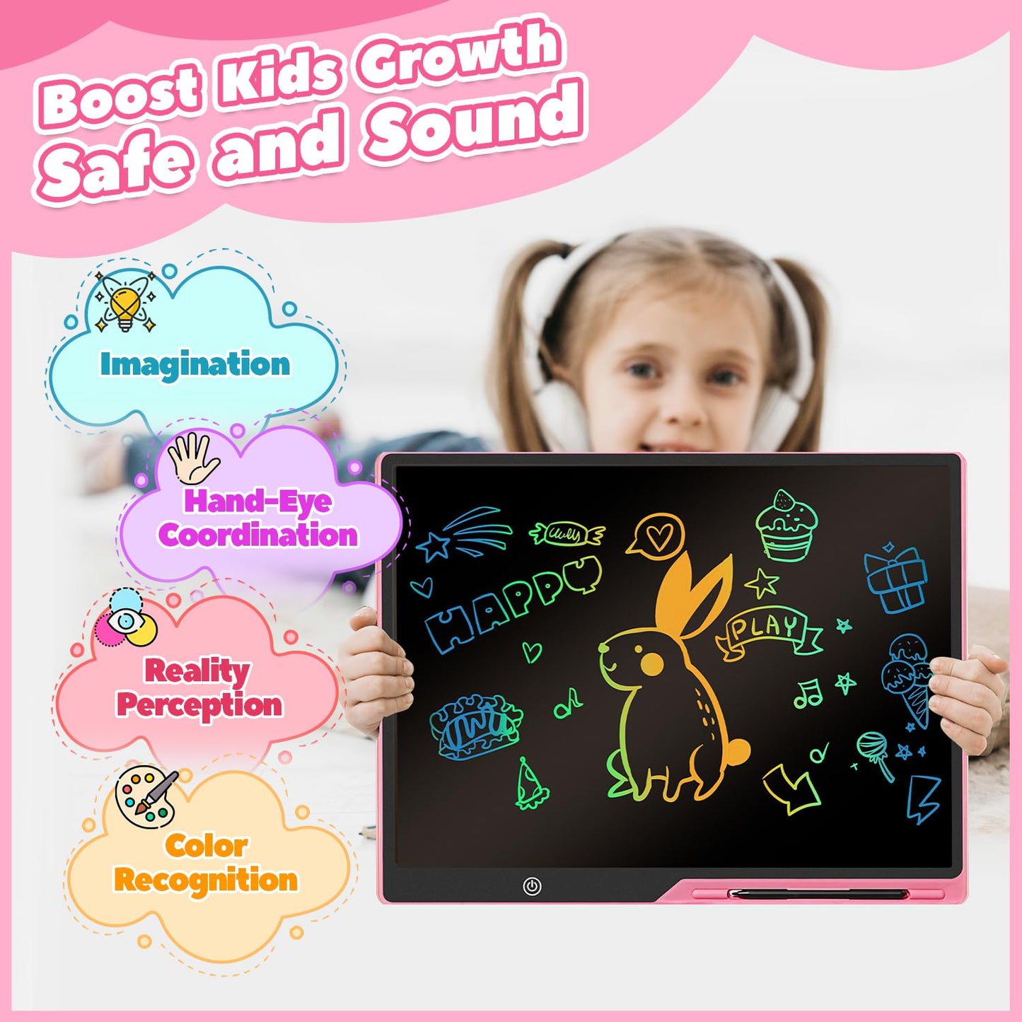 Kinayue LCD Writing Tablet for Kids, Rechargeable 21 Inch Doodle Board,Easter Basket Stuffers,Preschool Learning Toys Christmas Birthday Gift 3 4 5 6 7 Year Old Girls Boys (Pink)