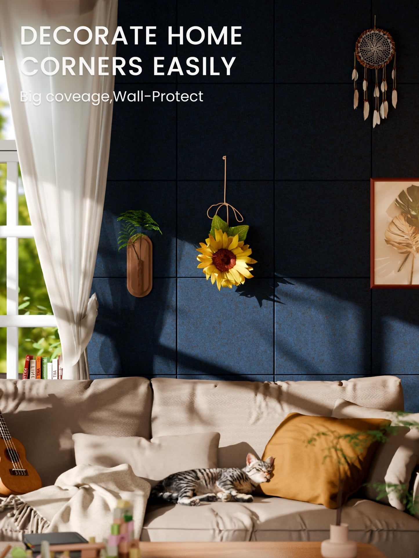 Bumusty Large Cork Board 48" x 36" Alternative - 12 Pack Felt Wall Tiles with 70 Safe Removable Adhesive Tabs, 30 Pushpins, Cork Boards for Walls Pin Board Bulletin Board Office Decor (Carbon Blue)