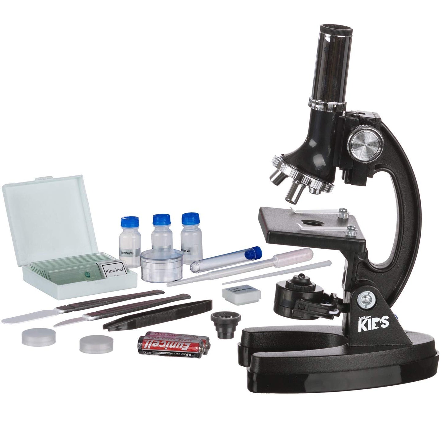 AmScope-KIDS M30-ABS-KT1 Beginner Microscope Kit, LED and Mirror Illumination, 120x - 1200x Six Magnifications, Metal Frame and Base, Includes 48-Piece Accessory Set and Case,Black
