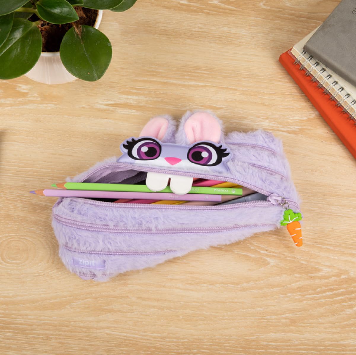 ZIPIT Bunny Pencil Case for Girls, Cute Zipper Pouch for Kids Teens, Stationery Bag for School,Purple