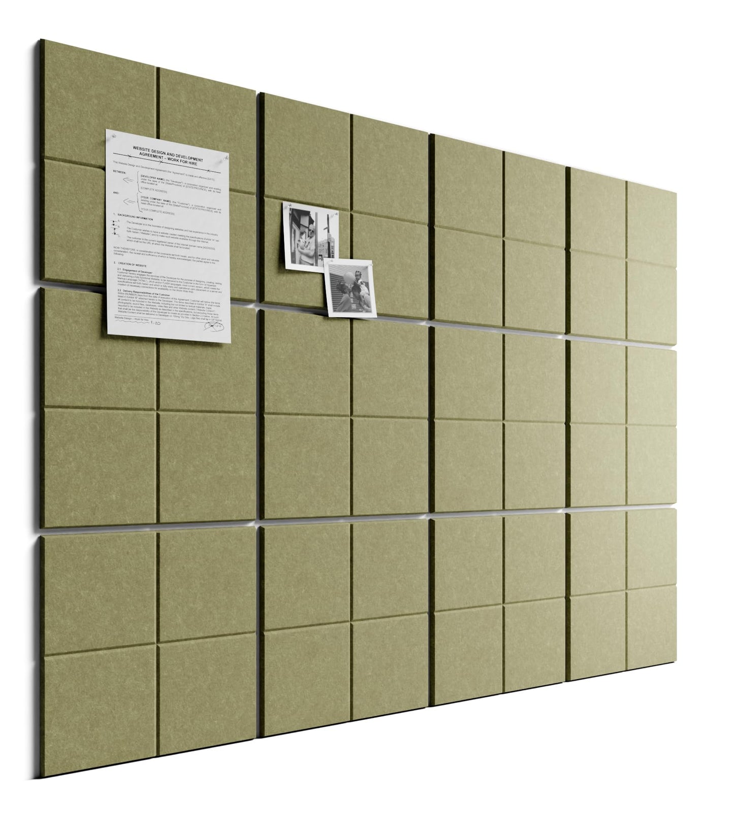 Bumusty Large Felt Bulletin Board, 48" x 36" Cork Board Alternative, 12-Pack Wall Tiles with 4-Compartment Design, 30 Push Pins, 70 Adhesive Tabs, Ideal for Office & Home Decor, Olive Green