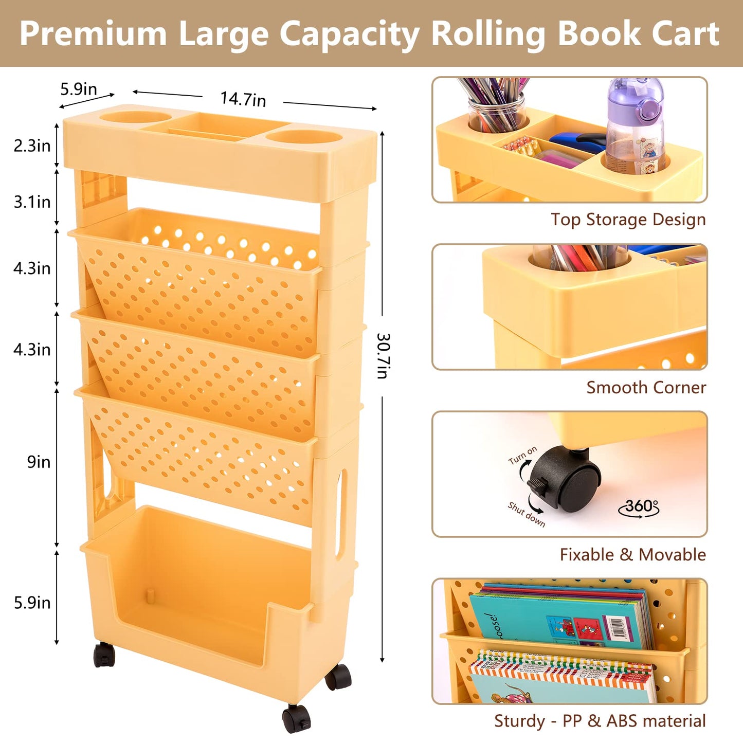 CINPIUK Yellow Rolling Office Paper Organizer, Mobile Book Cart Document Folder File Storage with Pen Holder, Slim Rolling Storage Cart Movable Bookshelf for Office, Dorm, Classroom, Nursery
