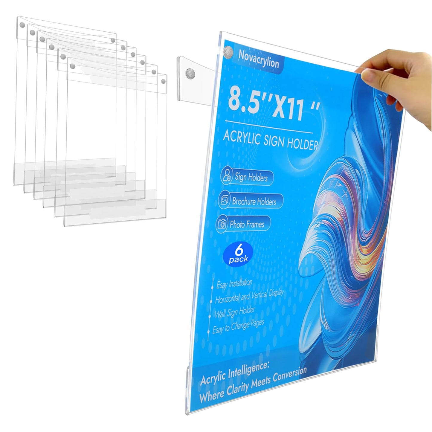 Novacrylion Acrylic Sign Holder 8.5 x 11 Wall Mount, Adhesive & Magnetic Back - Vertical or Horizontal Mount for Office, Classroom, Retail Displays on Glass, Doors, Wood, or Other Smooth Surfaces