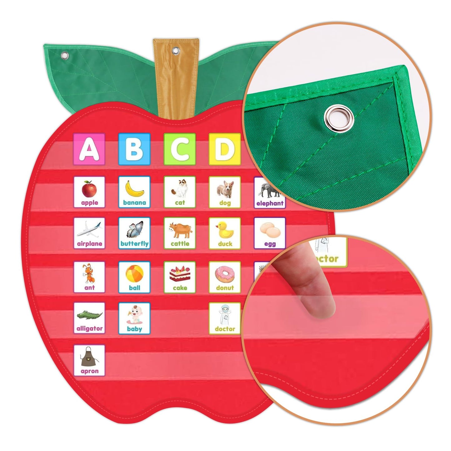 Large Pocket Chart for Classroom, 27 ½＂x 33 ⅞" Apple Shaped Hanging Pocket Charts for Kids, Back to School Supplies for Teacher, Pocket Charts with 6 Sentence Strips Holder (Red)