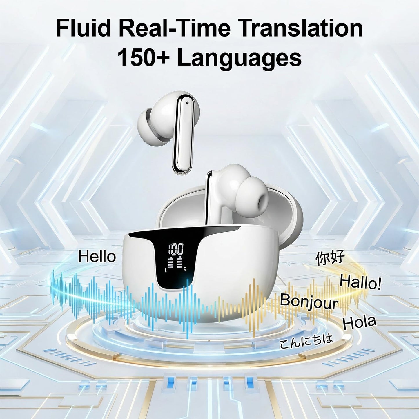 Oziral Real-Time Translation Earbuds: AI Translator with 150+ Languages, Offline Mode & Bluetooth 5.3, Supports Speaker Mode, Touch Control, AI Chat & Hi-Fi Music for Travel & Business Use