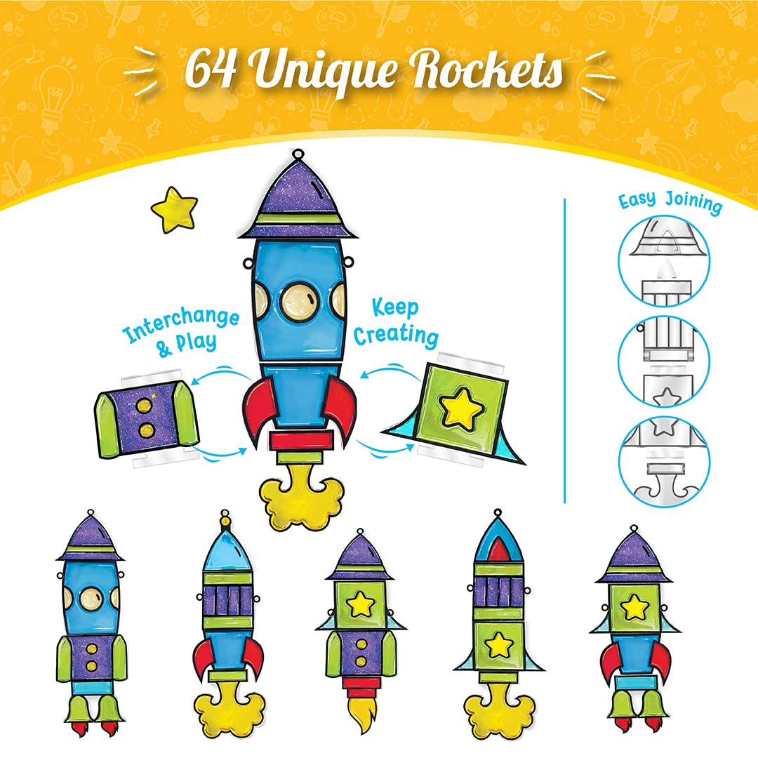 Imagimake Window Art Rocket | Low Mess Suncatcher Kit | 16 Pieces Glass Painting Set | Kids Activities Ages 5-8 | DIY Craft Kit | Birthday Gift for Boys & Girls Ages 5,6,7,8,9,10,12 Years Old