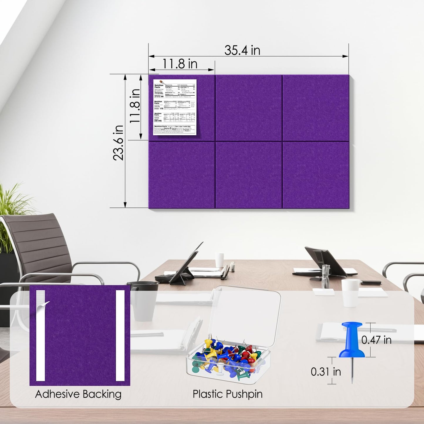 MaxGear Large Cork Board for Wall 36" x 24", Violet Bulletin Board, 6 Pack Felt Wall Tiles with Pushpins, Cork Boards for Office Push Pin Board Tack Board Felt Board