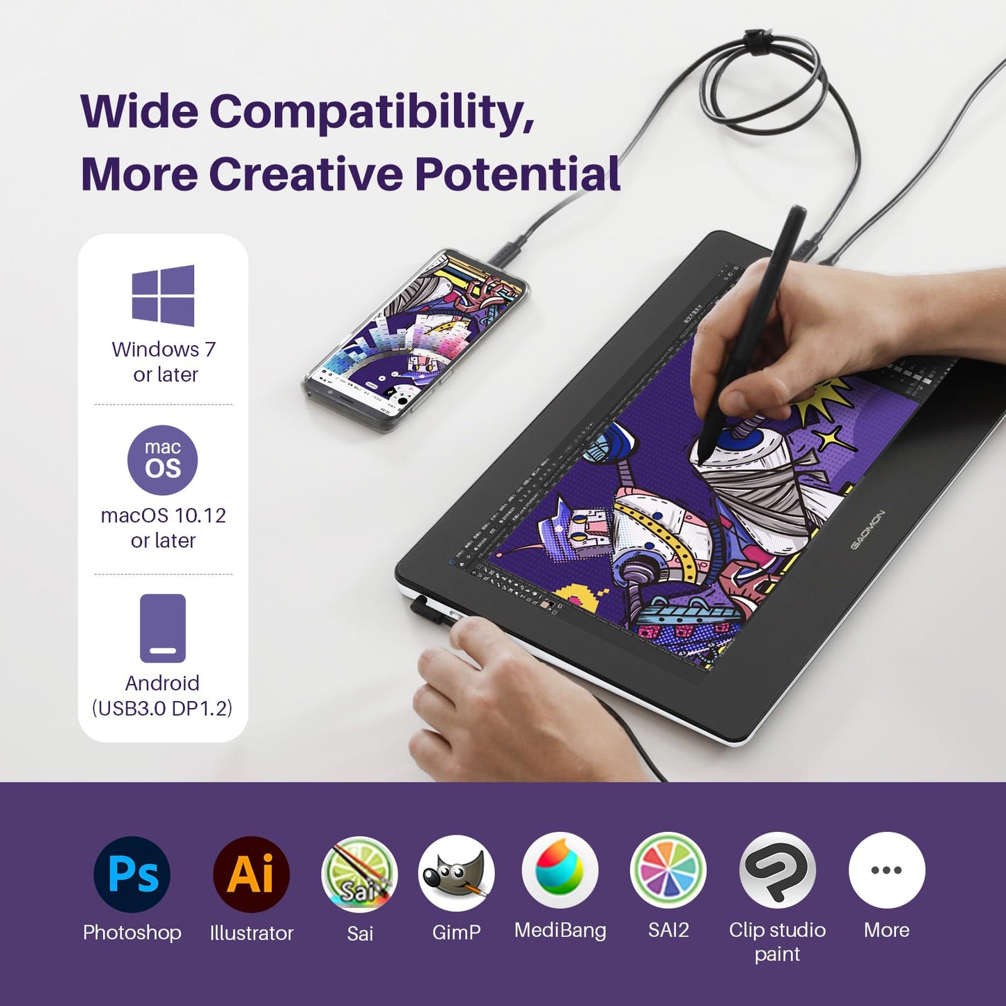 GAOMON PD1320 Pen Display Drawing Tablet, 13.3 Inch Full Laminated 120% sRGB Graphics Monitor with Tilt Support for Artists, Design, Animation - Compatible with Windows/Mac/Android