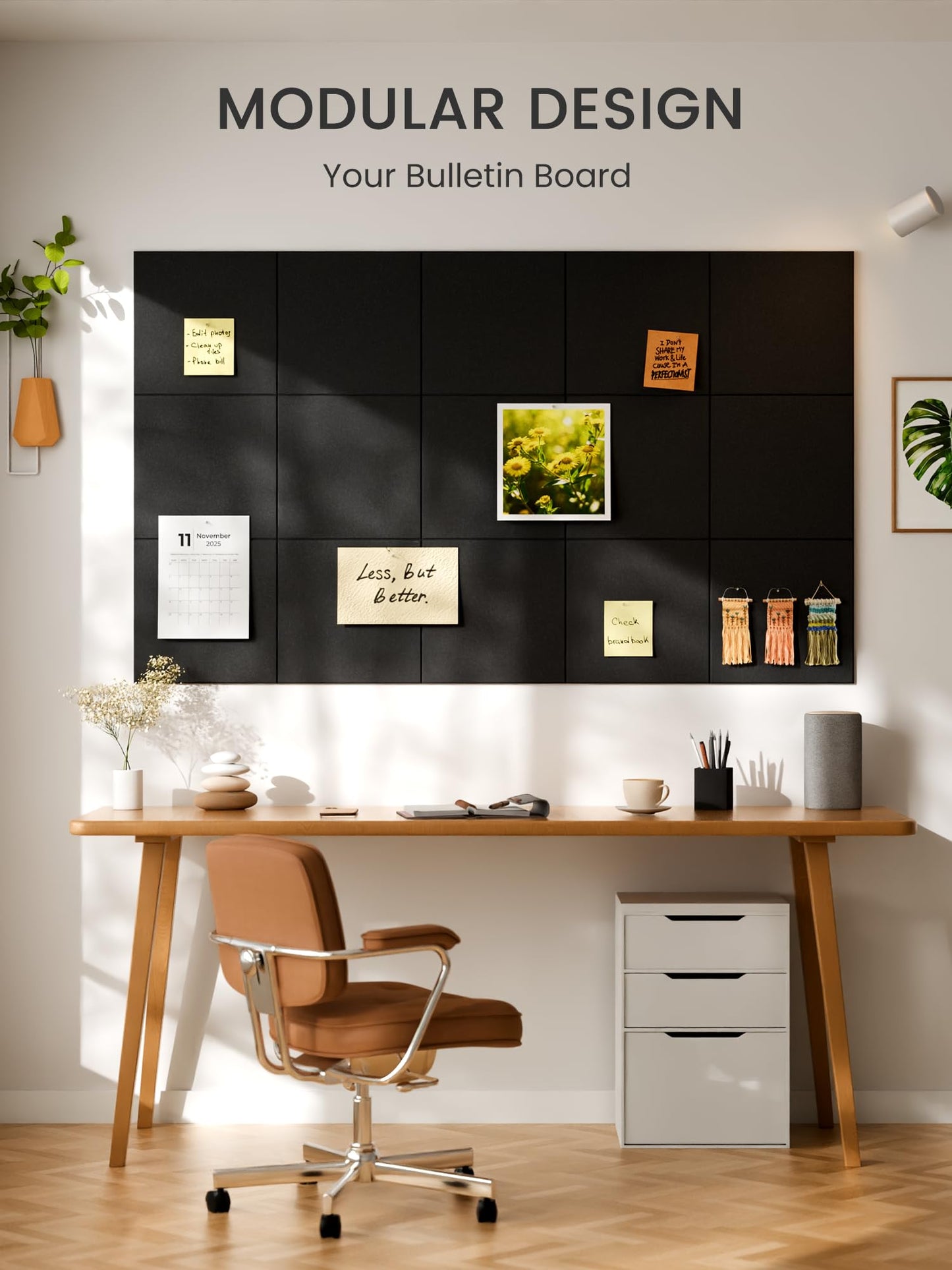 Bumusty Large Cork Board 48" x 36" Alternative - 12 Pack Felt Wall Tiles with 70 Safe Removable Adhesive Tabs, 30 Pushpins, Cork Boards for Walls Pin Board Bulletin Board Office Decor (Black)
