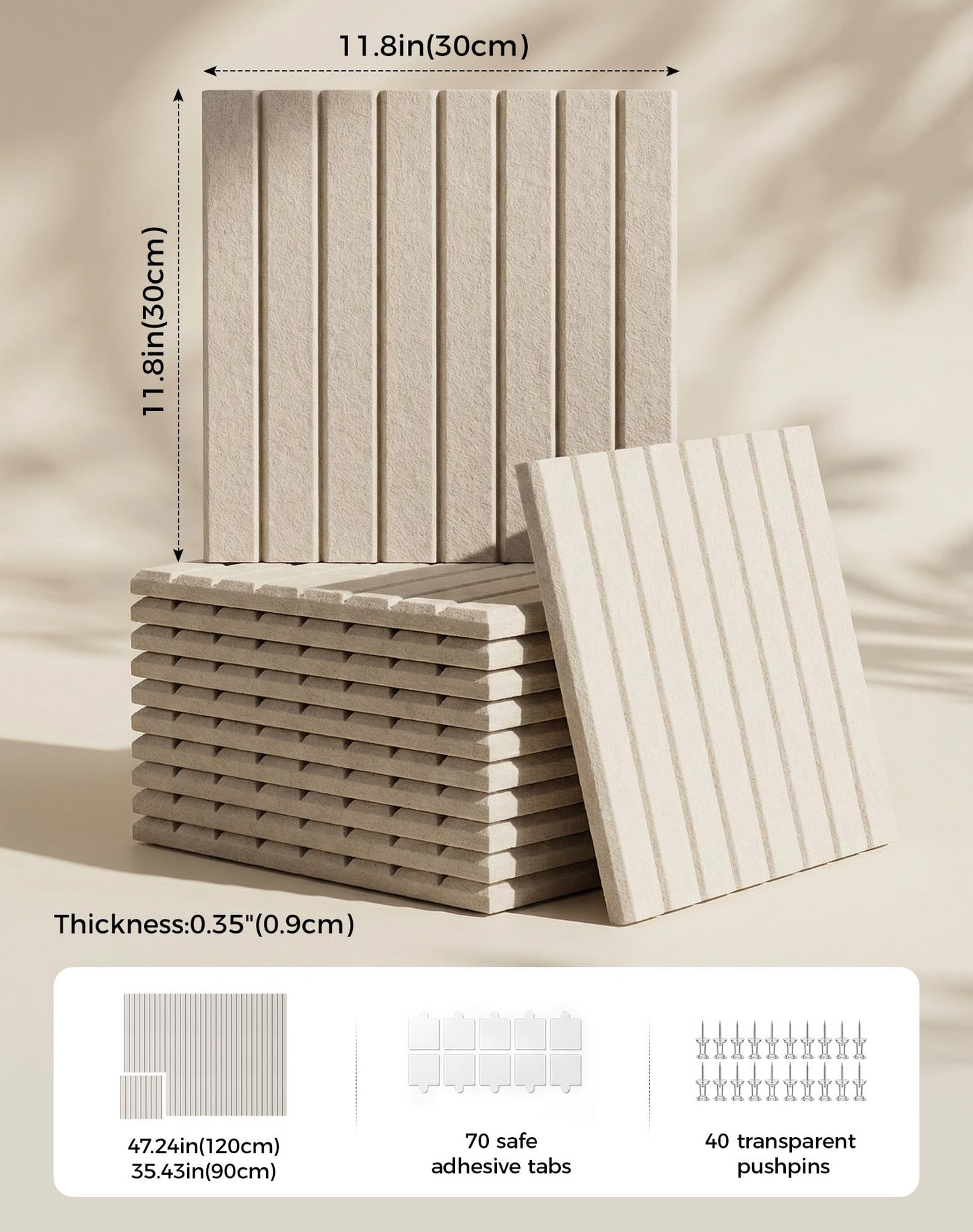 Aothia 12-Pack Felt Bulletin Board Tiles 48"x36", Modular Pin Board for Smooth Walls, Cork Board Alternative for Notes & Photos, 0.35" Thick, 70 Adhesive Tabs & 40 Pins, Oatmeal