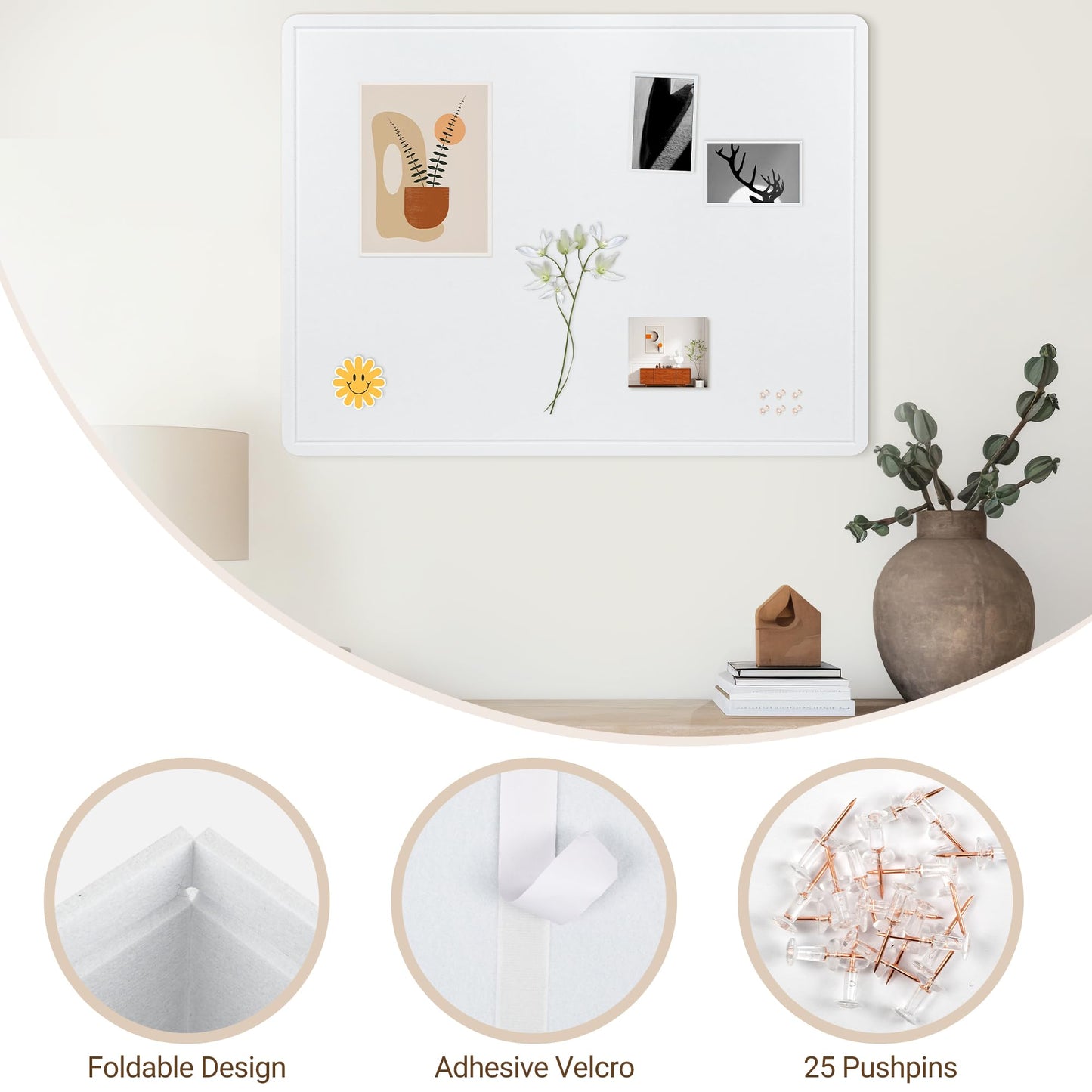 AKTOP Bulletin Board, 24" x 16" Foldable Felt Notice Pin Board for Wall, Decorative CorkBoard Photo Display Board with Self-Adhesive Tape, Vision Board Cork Board Alternative with 25 Pushpins - White