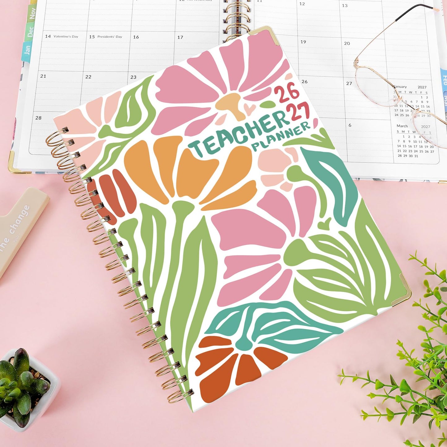 SKYDUE Teacher Planner 2026-2027 Academic Year, 8.5" x 11" Deluxe Teacher Lesson Planner with Monthly Tabs & Stickers, Lesson Plan Book 26-27, AbstractFloral
