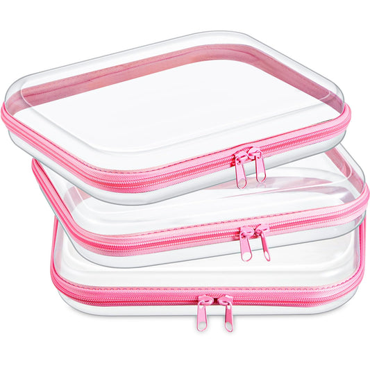 Hoolerry 3 Pcs Clear Hard Zipper Case Hard Plastic Zipper Pouch Makeup Bag Portable Travel Organizer for Cosmetics, Office Supplies, Documents & Toiletries(Pink,M)