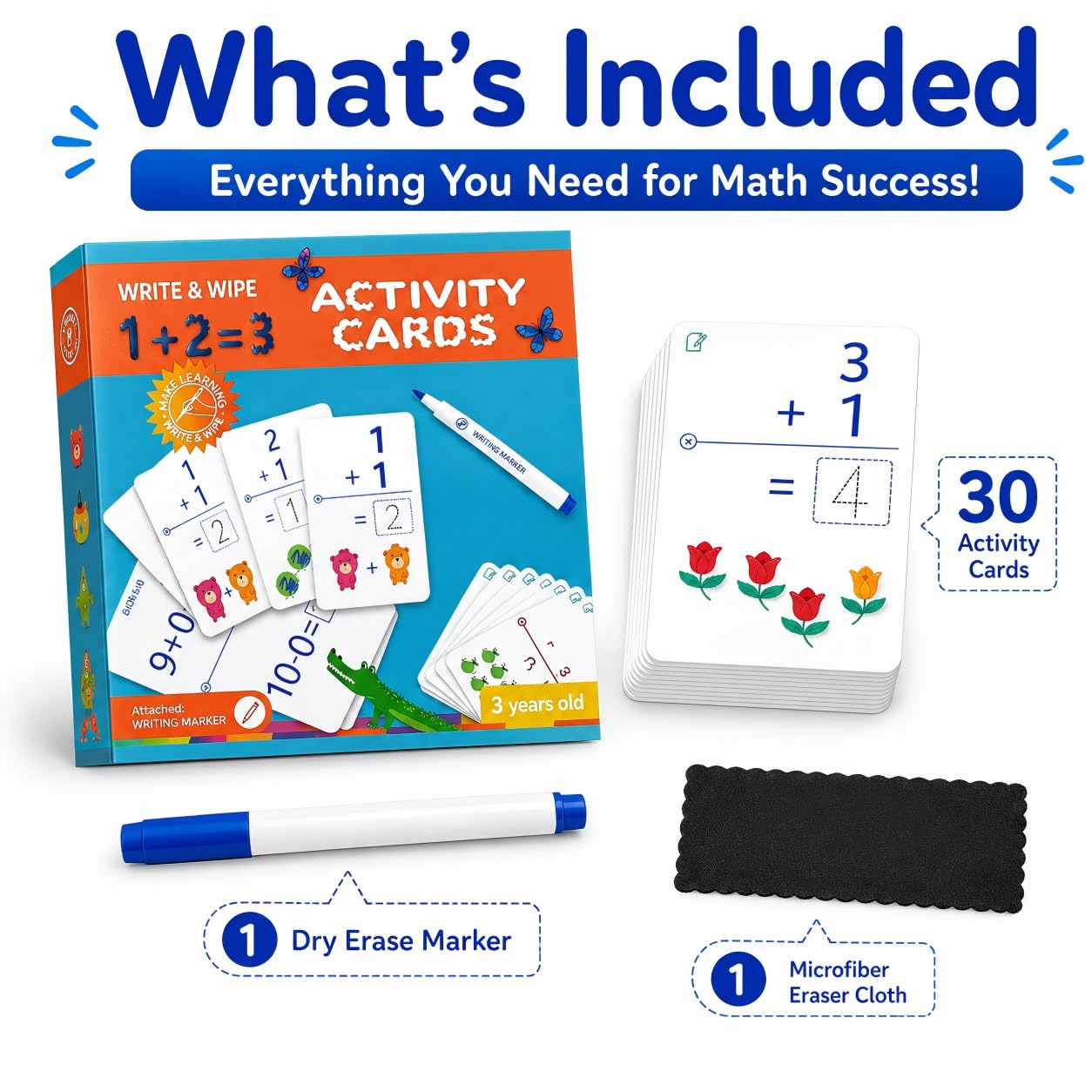 Write & Wipe Activity Cards for Kids, Reusable Tracing Flash Cards, Preschool Handwriting Practice Set, Letter Number Math Learning Activities Ages 3-6 (Addition and Subtraction)