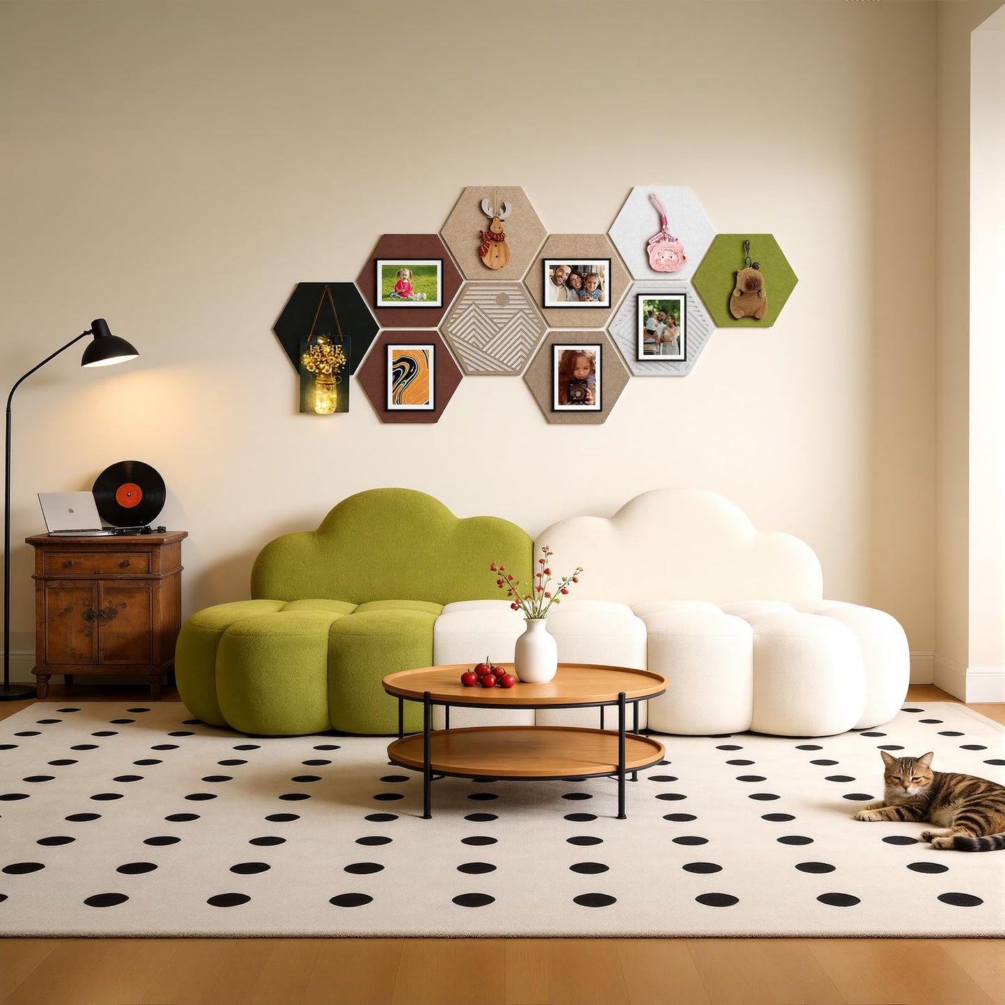 Ghegicu 10PCS 11.8" Large Hexagon Felt Cork Board Tiles, Geometric Modular Bulletin Boards with 50 Pushpins, 35 Adhesive Tabs for Office School Home Wall Decor Stickers Memos Photos Display (Hexagon)