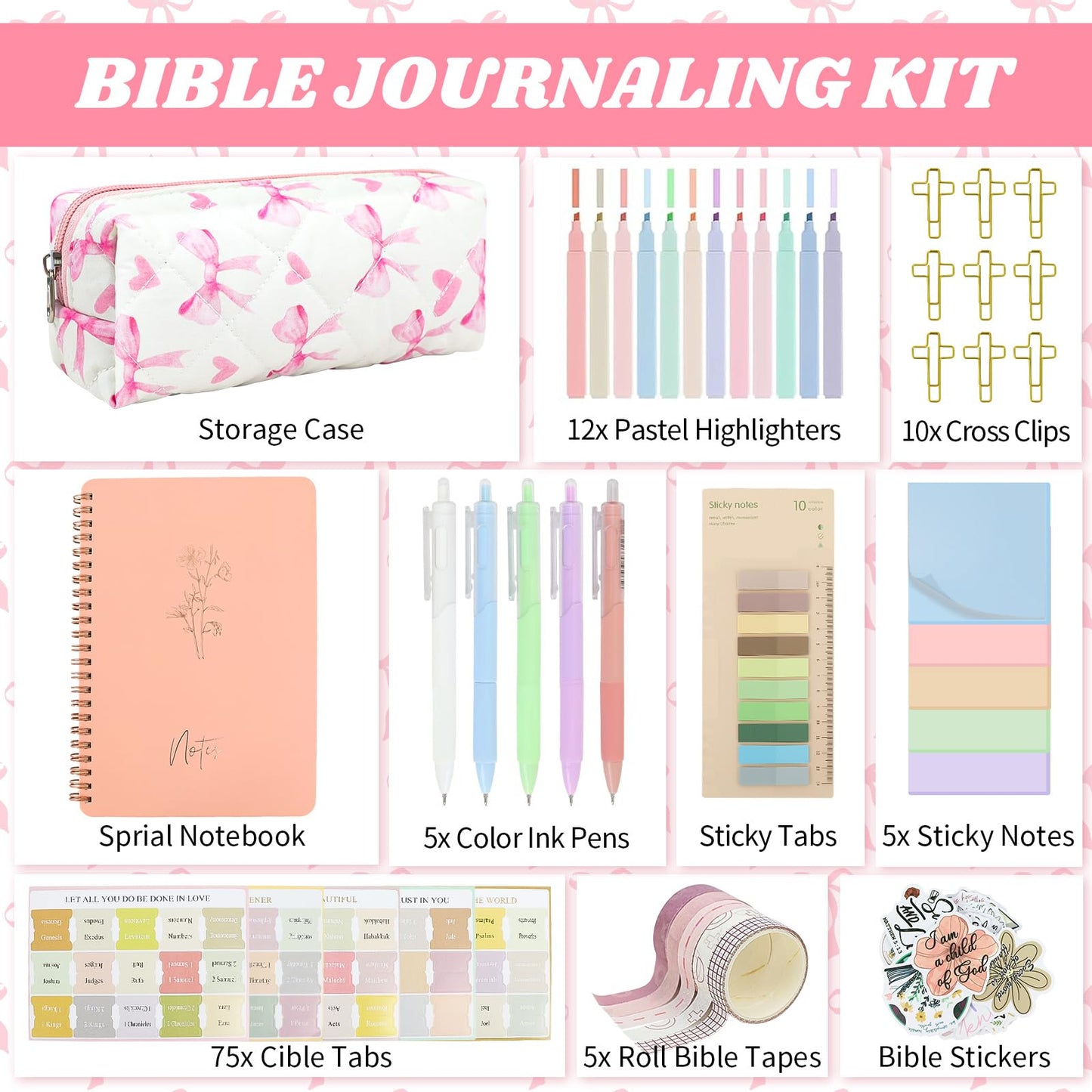 DRANSMIC Bible Study Supplies Journaling Kit with Pen Cas, Tabs, Notebook and No Bleed Highlighter, Aesthetic Book Annotation Kit, Christian Gifts for Women Grils Friends (Pink Pow)