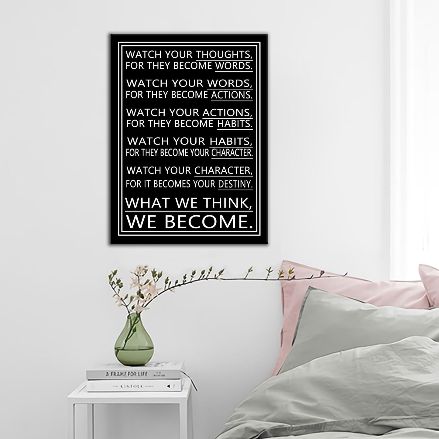 DINGFUN Inspirational Posters Watch Your Thoughts Quote Wall Art, Black White Canvas Poster, Single Panel Framed Decor for Bedroom Dorm Classroom, 24x18 Inch Display Print