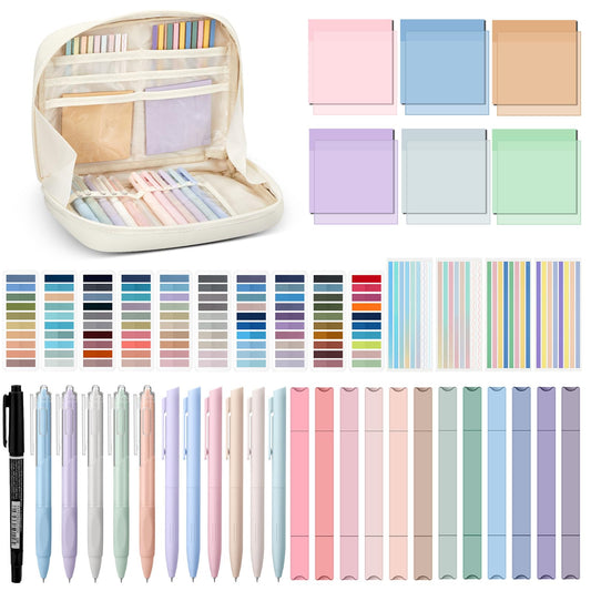 Trandraft 135 Pcs Book Annotation Kit Aesthetic Pencil Case Bag 12 Highlighter 11 Gel Pen 1 Marker 300 Sheet Transparent Sticky Notes Pad 2640 Index Stickers Bible Study Supplies(Kawaii,Beige)