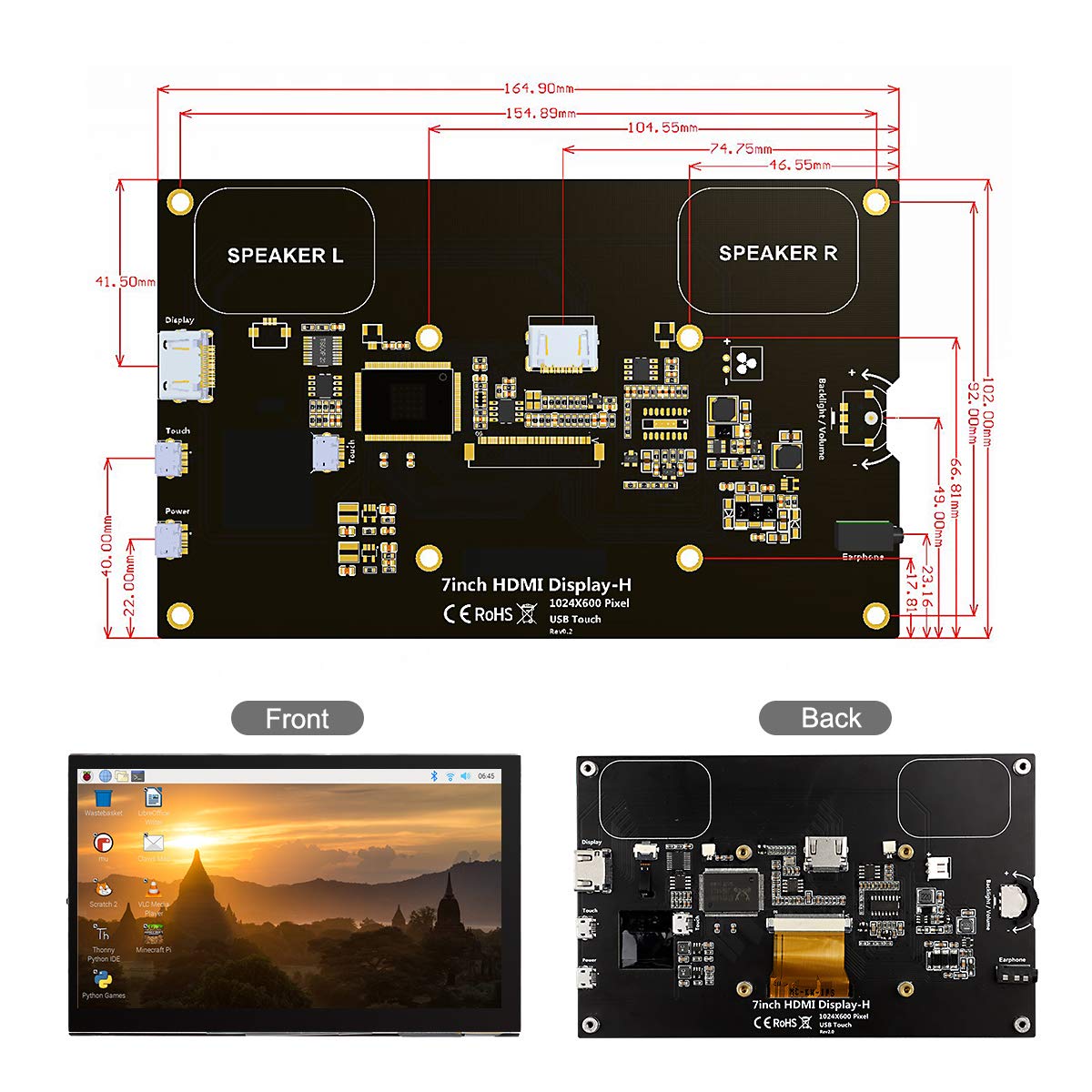 ELECROW 7 Inch Touchscreen Monitor for Raspberry Pi - 1024x600 IPS Capacitive Touch Screen HD Mini LCD Display with Stand Compatible with Raspberry Pi 5/4B/3B+/3B, BB Black, Win11/10/8/7, Driver Free