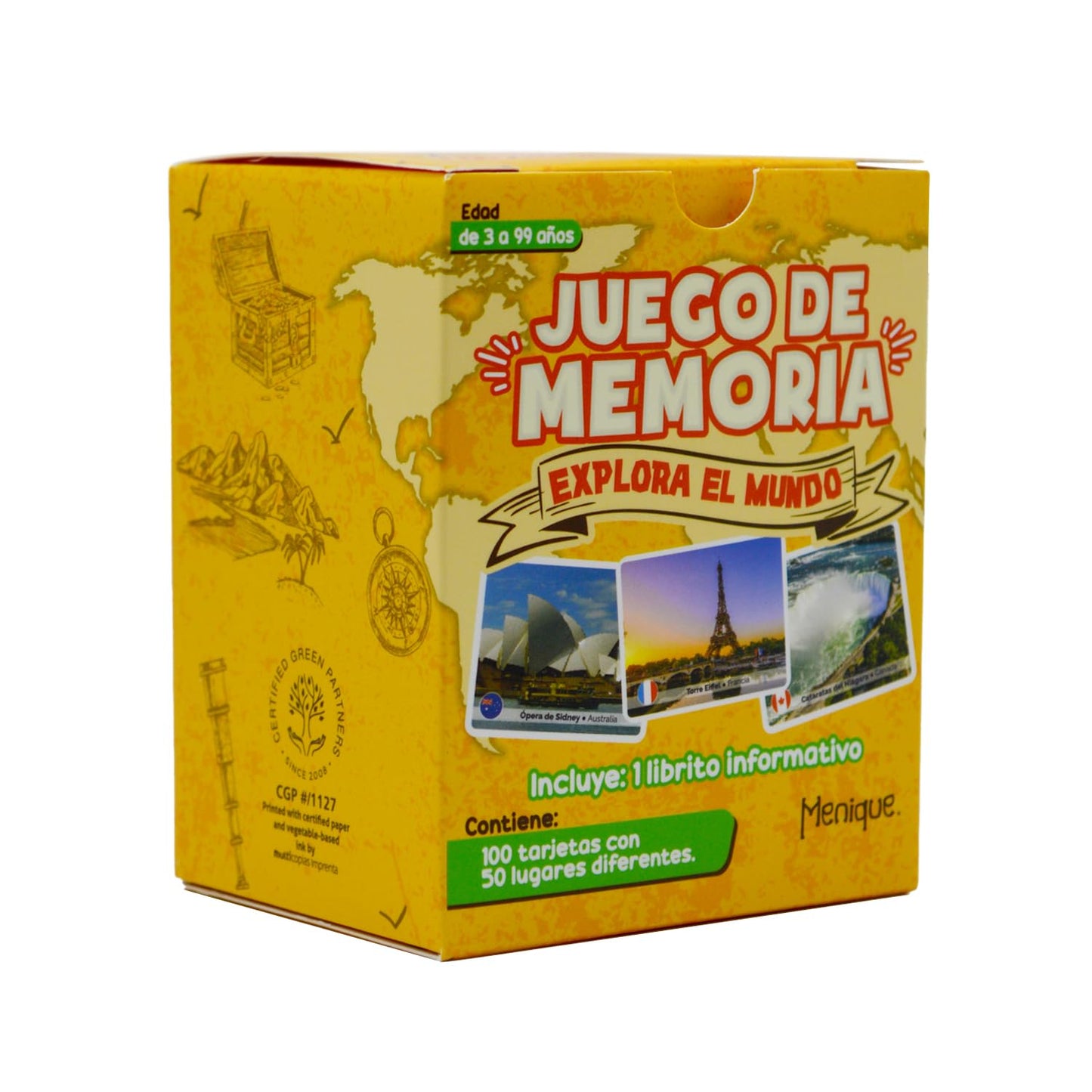 Menique Explore the World Memory Matching Game – Spanish Edition – 100 Cards (50 Pairs) with Iconic Landmarks, Country & Flag – Educational Geography Game in Spanish.
