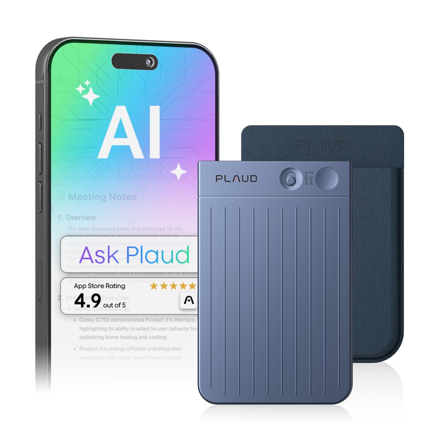 Plaud Note AI Voice Recorder, Note Taker w/Case, App Control, Transcribe & Summarize with AI, Support 112 Languages, for Meetings, Calls, Lectures, Professionals, Teams, Navy Blue, Non-Pro Version