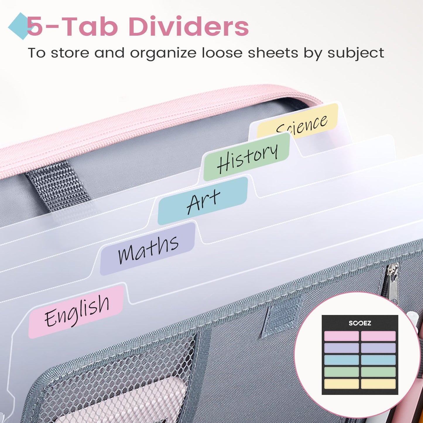 Sooez Zipper Binder Bag, 1 Inch Binders 3 Ring O-Ring, 5-Tab Dividers Expanding File Folder, 500-Sheet Capacity Three Ring Binder, Cute Organizer Storage for Student School Classroom Supplies, Black