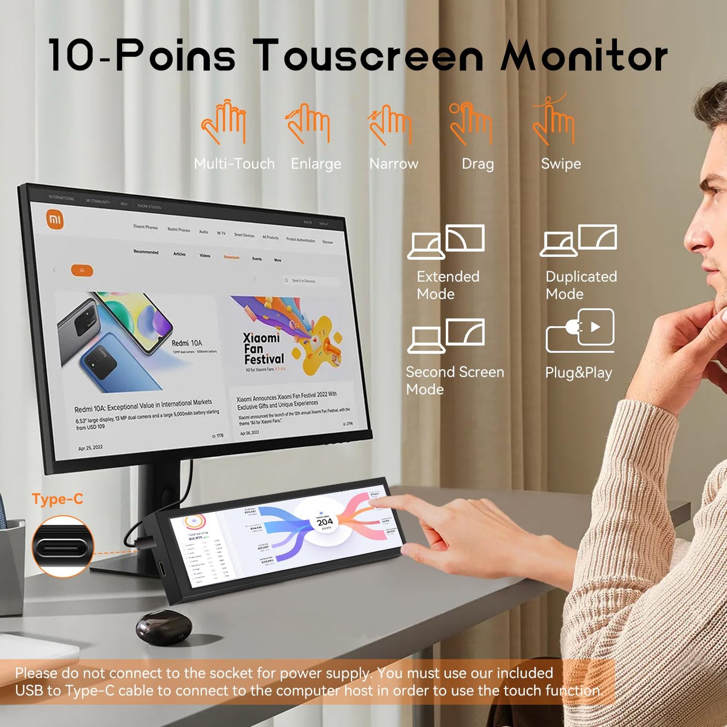 8.8 Inch Small Touchscreen Monitor, PC Temperature Display 1920x480, 60Hz HDMI PC Sensor Panel Display, IPS Mini Screen for Raspberry Pi, AIDA64 CPU RAM Data Temperature Monitor for ARGB Computer Case