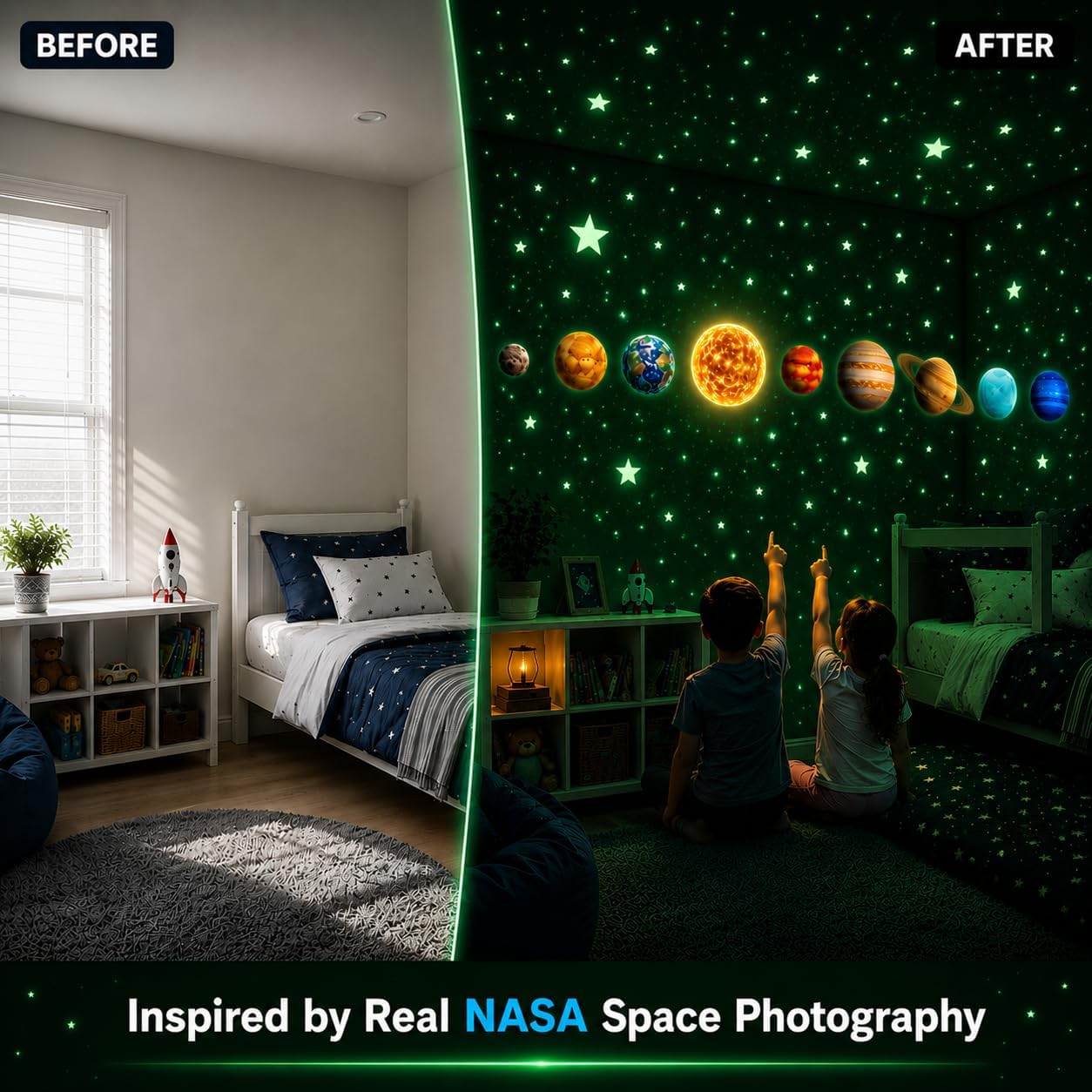 Glow in The Dark Stars and Planets, Bright Solar System Wall Stickers -Glowing Ceiling Decals for Kids Bedroom Any Room,Shining Space Decoration, Birthday Christmas Gift for Boys and Girls (Green)