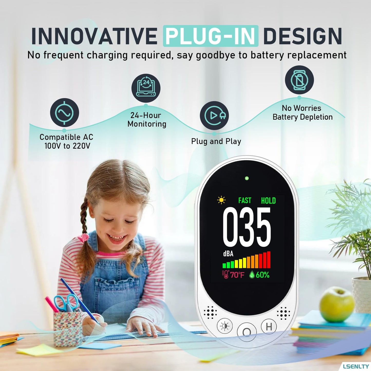 LSENLTY Decibel Meter Plug-in Wall, 30-130dBA Sound Level Meter, Data Hold&Max/Min&Fast/Slow Response 3-in-1 Noise Detector(TEM&Humidity), A-Weighted Noise Measuring Device for Classroom Home 2 Pack