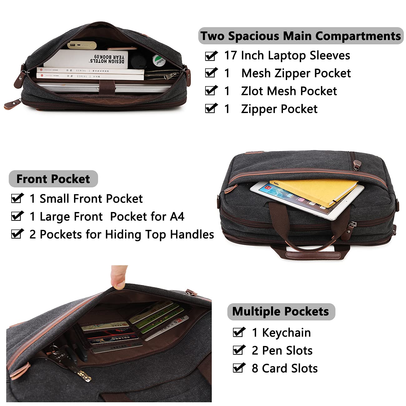 RAVUO Laptop Bag for Men, Water Resistant 17.3 Inch Laptop Messenger Bag Slim Canvas Briefcase for Work Business Black