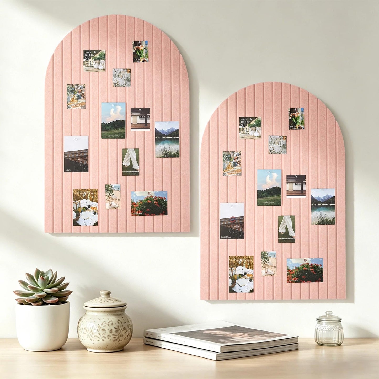 Mindsoft 2 Pcs 35" x 24" Large Integrated Arched Felt Bulletin Board - Foldable Cork Board Alternative - No Assembly Wall Decor for Office, Bedroom & Home Display Photos (Pink)